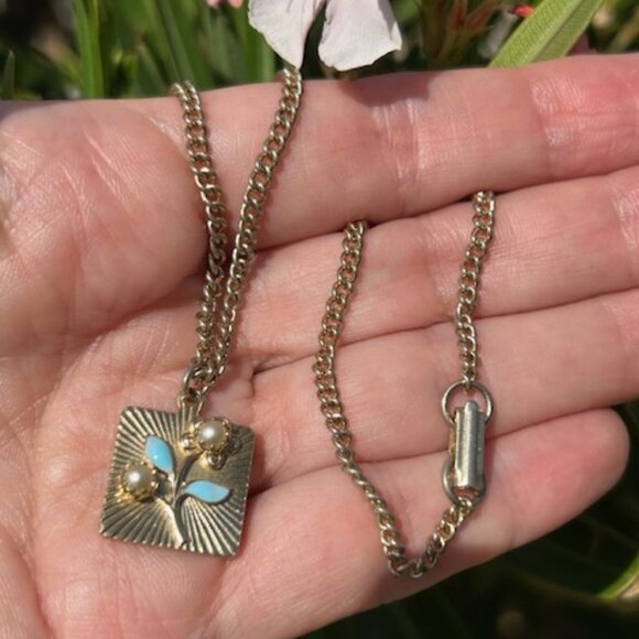 EMMONS Blue Enamel Pearl Flower Gold Choker NECKLACE - Picture 4 of 11